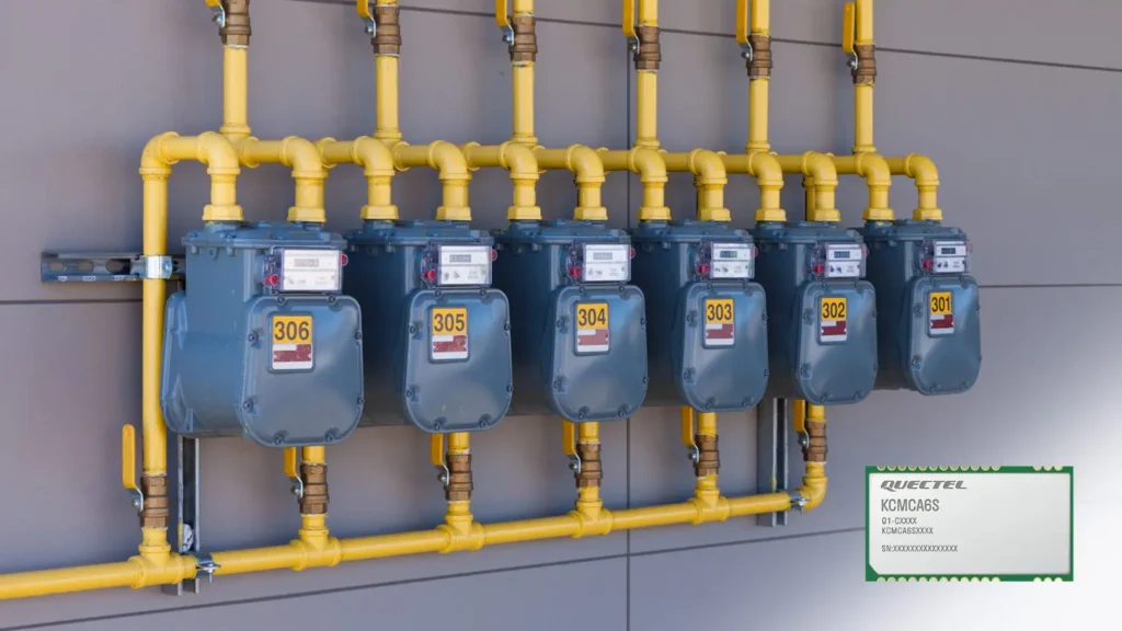 Row of smart gas meters connected with yellow pipelines, showcasing Quectel KCMCA6S wireless M-Bus module for smart metering applications.