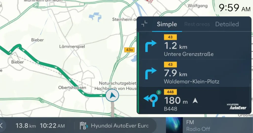 Navigation interface showing Hyundai AutoEver's turn-by-turn directions and live traffic data in a European map layout.